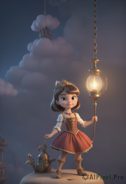 1girl,solo,looking at viewer,smile,short hair,skirt,brown hair,dress,holding,brown eyes,jewelry,standing,full body,boots,sky,cloud,black eyes,lips,red dress,tiara,crown,child,lantern,necklace,chain,corset,faux figurine