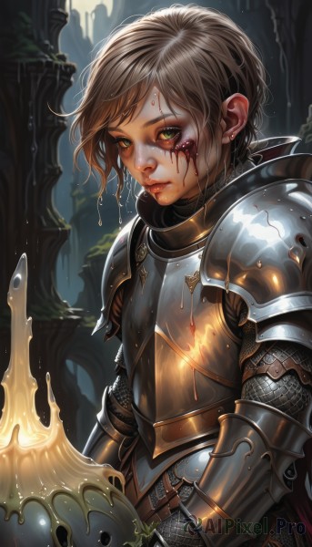 1girl,solo,looking at viewer,short hair,bangs,brown hair,holding,closed mouth,green eyes,upper body,weapon,sword,artist name,holding weapon,armor,lips,wet,blood,makeup,scar,holding sword,helmet,shoulder armor,gauntlets,scar on face,headwear removed,freckles,pauldrons,shield,breastplate,blood on face,nose,wet hair,knight,full armor,helmet removed,holding helmet,chainmail,plate armor,jewelry,earrings,injury,fantasy,stud earrings,dripping