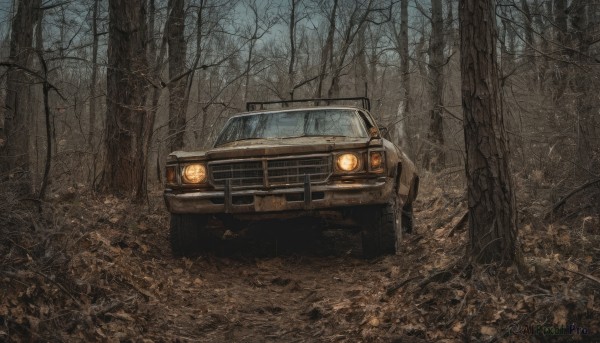 outdoors,sky,tree,no humans,grass,ground vehicle,nature,scenery,motor vehicle,forest,car,ruins,vehicle focus,bare tree,truck,tire,sports car