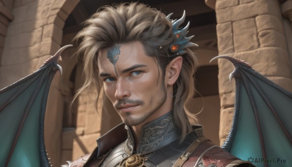 solo,looking at viewer,blue eyes,blonde hair,brown hair,hair ornament,1boy,male focus,wings,pointy ears,indoors,medium hair,armor,blurry,lips,grey eyes,blurry background,facial hair,facial mark,portrait,beard,dragon horns,demon wings,realistic,nose,mustache,dragon wings,upper body,artist name