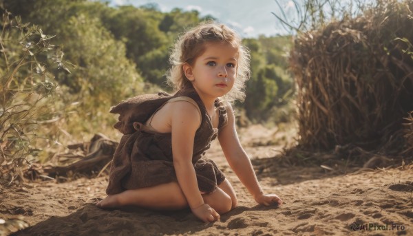 1girl,solo,looking at viewer,short hair,blue eyes,brown hair,dress,sitting,full body,outdoors,parted lips,barefoot,sleeveless,day,sailor collar,mole,blurry,black dress,tree,lips,bare arms,kneeling,sleeveless dress,blurry background,arm support,leaf,all fours,nature,freckles,curly hair,realistic,on ground,blonde hair,gloves,1boy,brown eyes,male focus,bag,backpack,child,female child,male child,dirty