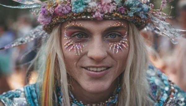 1girl,solo,long hair,looking at viewer,smile,blue eyes,blonde hair,hair ornament,1boy,hat,jewelry,flower,male focus,teeth,solo focus,necklace,grin,blurry,lips,grey eyes,makeup,depth of field,blurry background,feathers,portrait,pink flower,beads,realistic,hat flower,hat feather,old,white hair,hair flower,veil