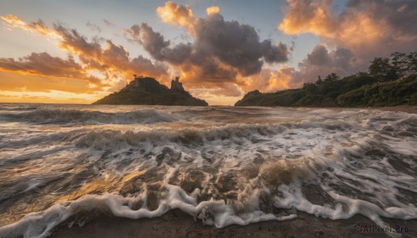 outdoors,sky,cloud,water,tree,no humans,ocean,beach,cloudy sky,nature,scenery,smoke,sunset,mountain,sand,horizon,waves,landscape,shore,signature,sunlight,fire,forest,evening