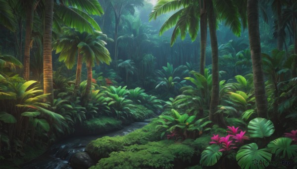 flower,outdoors,day,water,tree,no humans,leaf,sunlight,grass,plant,nature,scenery,forest,rock,palm tree,bush