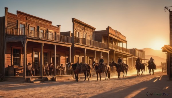 outdoors,multiple boys,sky,no humans,window,animal,sunlight,ground vehicle,building,scenery,motor vehicle,6+boys,sunset,sun,road,riding,house,lamppost,horse,street,evening,horseback riding,town,multiple girls,hat,boots,day,pants,from behind,shadow,6+girls,walking,sign,twilight,bicycle,dusk,people,cart