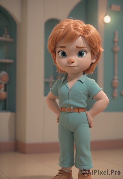 1girl,solo,looking at viewer,smile,short hair,blue eyes,brown hair,shirt,1boy,closed mouth,standing,full body,short sleeves,shoes,collared shirt,belt,pants,indoors,orange hair,blurry,blurry background,brown footwear,thick eyebrows,blue shirt,child,furry,freckles,hands on hips,female child,brown belt,male child,red hair,aged down,denim,sneakers