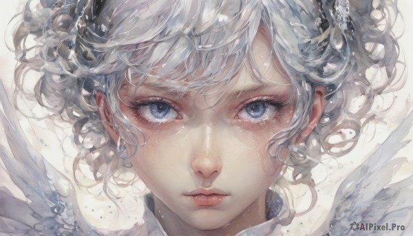 1girl,solo,looking at viewer,short hair,bangs,blue eyes,simple background,hair ornament,white background,closed mouth,white hair,wings,lips,eyelashes,wavy hair,expressionless,portrait,feathered wings,close-up,angel wings,nose,white wings,angel,white theme,shirt,grey hair,grey eyes,floating hair,wind,freckles,realistic,straight-on