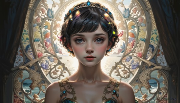 1girl,solo,looking at viewer,blush,short hair,bangs,blue eyes,black hair,hair ornament,bare shoulders,jewelry,closed mouth,collarbone,upper body,flower,earrings,parted lips,artist name,black eyes,lips,eyelashes,makeup,watermark,tiara,crown,gem,portrait,backlighting,freckles,realistic,nose,red lips,mascara,breasts,dress,cleavage,medium breasts,window,curtains,gold,blue gemstone