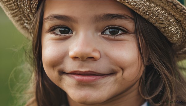 1girl,solo,long hair,looking at viewer,smile,simple background,brown hair,1boy,hat,closed mouth,male focus,black eyes,lips,facial hair,portrait,close-up,green background,realistic,nose,mustache,straw hat,brown eyes,eyelashes,freckles,brown headwear