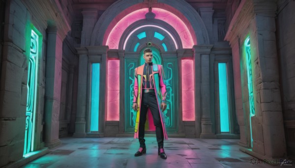 solo,looking at viewer,short hair,shirt,long sleeves,1boy,hat,standing,jacket,full body,male focus,open clothes,shoes,belt,pants,artist name,indoors,signature,black footwear,open jacket,coat,glowing,facial hair,black pants,mustache,door,pink jacket,pillar,brown hair,gloves,black shirt