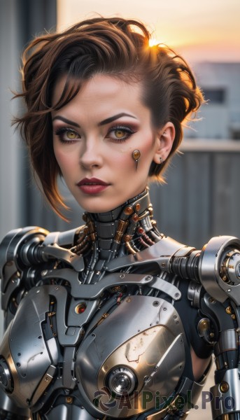 1girl,solo,looking at viewer,short hair,brown hair,brown eyes,jewelry,yellow eyes,upper body,earrings,parted lips,indoors,blurry,lips,eyelashes,makeup,blurry background,lipstick,messy hair,freckles,science fiction,asymmetrical hair,android,red lips,joints,cyborg,robot joints,cyberpunk,mechanical parts,signature,robot,eyeshadow,realistic,nose,eyeliner