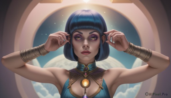 1girl,solo,breasts,looking at viewer,short hair,bangs,dress,bare shoulders,brown eyes,jewelry,closed mouth,blue hair,yellow eyes,upper body,sleeveless,artist name,blunt bangs,armpits,mole,arms up,bracelet,lips,fingernails,hands up,mole under eye,makeup,bob cut,lipstick,gem,eyeshadow,freckles,red lips,eyeliner,space,bracer,planet,necklace,realistic,nose,mascara