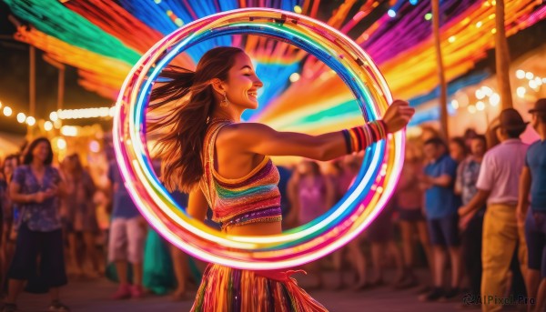 1girl,long hair,smile,open mouth,multiple girls,skirt,brown hair,shirt,bare shoulders,jewelry,standing,closed eyes,multicolored hair,earrings,multiple boys,teeth,solo focus,midriff,dark skin,necklace,blurry,bracelet,dark-skinned female,profile,depth of field,blurry background,outstretched arm,dancing,crowd,very dark skin,breasts,from side,lips,crop top,tank top,wristband,hoop earrings,realistic,bangle