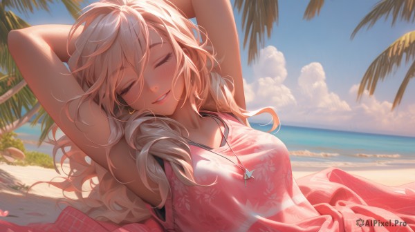 1girl,solo,long hair,breasts,blush,smile,bangs,blonde hair,dress,hair between eyes,bare shoulders,jewelry,medium breasts,collarbone,swimsuit,closed eyes,upper body,white hair,earrings,outdoors,lying,parted lips,sky,teeth,sleeveless,day,cloud,dark skin,on back,armpits,water,necklace,arms up,dark-skinned female,tree,blue sky,lips,eyelashes,ocean,wavy hair,beach,floral print,arms behind head,facing viewer,sand,palm tree,sarong,shirt,sleeveless shirt,sleeveless dress,red dress,sunlight,messy hair,pink dress,pendant,shell