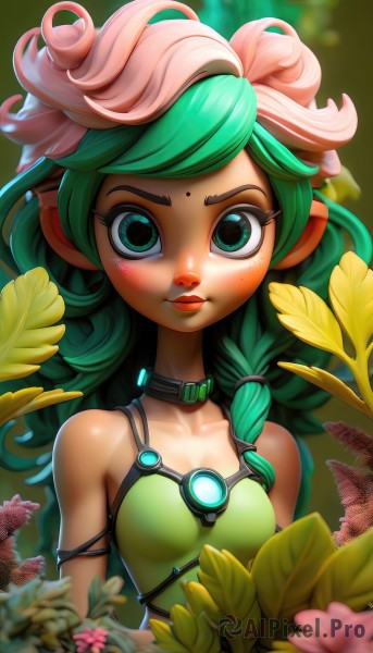 1girl,solo,long hair,breasts,looking at viewer,blush,bangs,hair ornament,bare shoulders,closed mouth,green eyes,collarbone,upper body,braid,flower,multicolored hair,small breasts,green hair,choker,pointy ears,artist name,hair flower,blurry,two-tone hair,lips,eyelashes,makeup,leaf,facial mark,plant,tan,hair over shoulder,eyeshadow,freckles,pink hair,collar,lipstick,plant girl