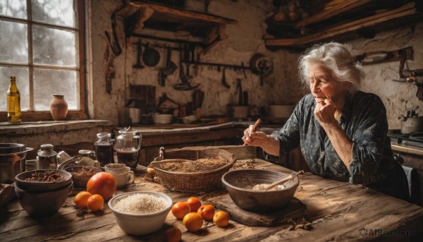 solo,long sleeves,1boy,holding,sitting,white hair,grey hair,male focus,food,japanese clothes,indoors,kimono,window,fruit,facial hair,scar,table,bottle,steam,beard,snow,plate,bowl,head rest,realistic,spoon,basket,old,old man,cooking,orange (fruit),kitchen,mandarin orange,old woman,wooden table,1girl,short hair,hair bun,blurry,apron,cup,single hair bun,knife,hand on own face,hand on own chin,holding spoon,ladle,jar,elbow rest,thinking,counter,stove,wrinkled skin,cutting board,wood,elbows on table