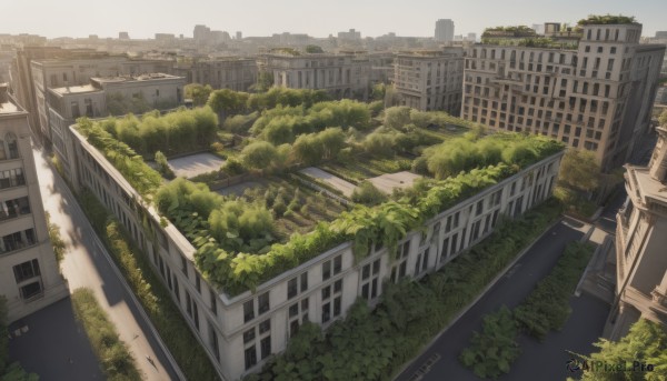 outdoors,sky,day,artist name,signature,tree,no humans,window,plant,building,scenery,city,road,cityscape,ruins,bridge,skyscraper,overgrown,grass,river