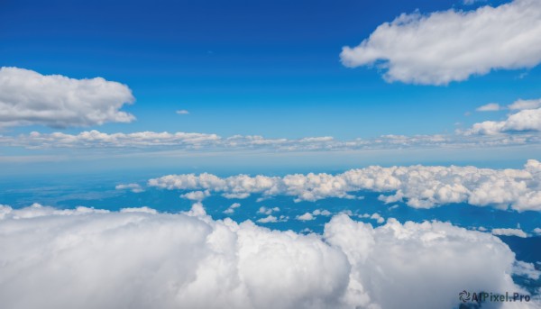 outdoors,sky,day,cloud,water,blue sky,no humans,ocean,cloudy sky,scenery,blue theme,horizon,landscape,above clouds,monochrome,tree,nature