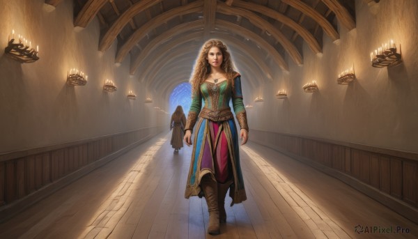 1girl,solo,long hair,breasts,looking at viewer,brown hair,long sleeves,dress,cleavage,brown eyes,jewelry,medium breasts,standing,full body,braid,boots,solo focus,indoors,necklace,lips,shadow,brown footwear,knee boots,walking,wooden floor,candle,hallway,chandelier,blonde hair,bird,tiara,realistic