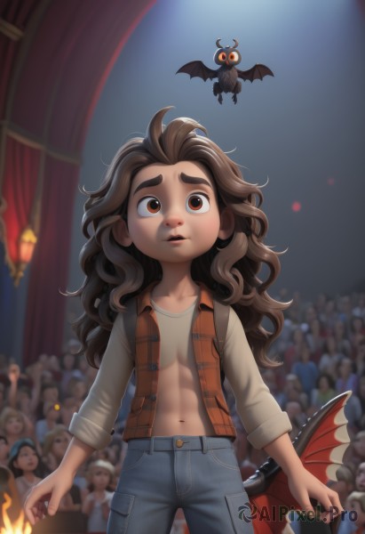 1girl,long hair,breasts,looking at viewer,open mouth,brown hair,shirt,navel,brown eyes,small breasts,parted lips,open clothes,wings,solo focus,pants,vest,flat chest,loli,open shirt,no bra,denim,messy hair,child,6+boys,jeans,unbuttoned,female child,bat (animal),crowd,multiple girls,long sleeves,collarbone,cowboy shot,blurry,lips,plaid,night,blurry background,thick eyebrows,bat wings,fire,plaid shirt,open vest