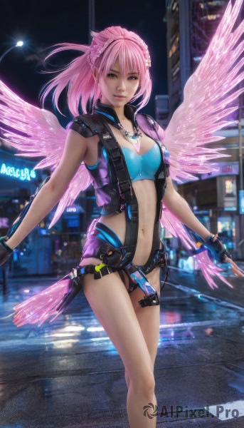 1girl,solo,long hair,breasts,looking at viewer,bangs,gloves,navel,cleavage,jewelry,medium breasts,closed mouth,underwear,standing,pink hair,outdoors,wings,sleeveless,black gloves,midriff,belt,fingerless gloves,necklace,bra,blurry,vest,bracelet,lips,night,city,pink wings,ponytail,weapon,building,neon lights