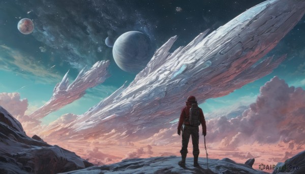 solo,gloves,1boy,standing,jacket,male focus,boots,outdoors,sky,pants,cloud,signature,bag,from behind,moon,backpack,helmet,cloudy sky,star (sky),scenery,red jacket,1other,floating,starry sky,science fiction,space,wide shot,planet,ambiguous gender,spacecraft,spacesuit,space helmet,astronaut,long sleeves,holding,blue sky,rock,fantasy,dragon,earth (planet),whale,above clouds