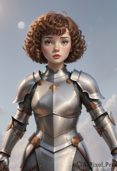 1girl,solo,looking at viewer,short hair,simple background,brown hair,white background,brown eyes,closed mouth,standing,cowboy shot,sky,armor,lips,makeup,lipstick,shoulder armor,gauntlets,freckles,curly hair,pauldrons,breastplate,realistic,arms at sides,red lips,chainmail,plate armor,boobplate,blush,outdoors,blurry,backlighting,nose,sun,knight,full armor