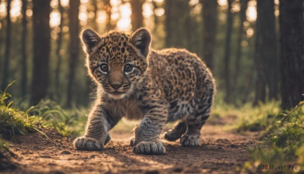 solo,looking at viewer,closed mouth,full body,outdoors,day,signature,blurry,black eyes,tree,no humans,depth of field,blurry background,animal,grass,plant,nature,forest,realistic,animal focus,standing