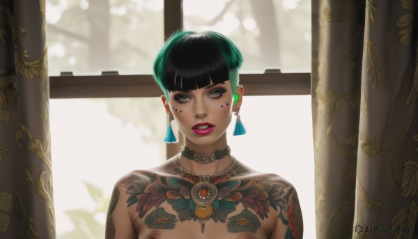 1girl,solo,breasts,looking at viewer,smile,short hair,bangs,black hair,jewelry,nipples,green eyes,upper body,male focus,nude,multicolored hair,earrings,small breasts,parted lips,green hair,teeth,choker,indoors,blunt bangs,necklace,two-tone hair,lips,window,tattoo,makeup,headband,black choker,piercing,lipstick,curtains,nose,eyeliner,arm tattoo,facepaint,undercut,facial tattoo,mascara,neck tattoo,lip piercing,full-body tattoo,facial mark,tassel,ear piercing,eyeshadow,backlighting,realistic,nipple piercing,very short hair,chest tattoo,nose piercing