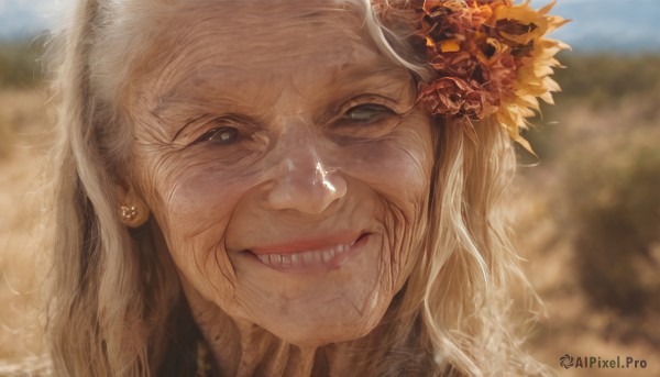 1girl,solo,long hair,looking at viewer,smile,blue eyes,hair ornament,jewelry,flower,white hair,earrings,outdoors,teeth,day,hair flower,grin,blurry,lips,depth of field,blurry background,portrait,realistic,sunflower,old,old man,old woman,wrinkled skin,sky,grey eyes,close-up