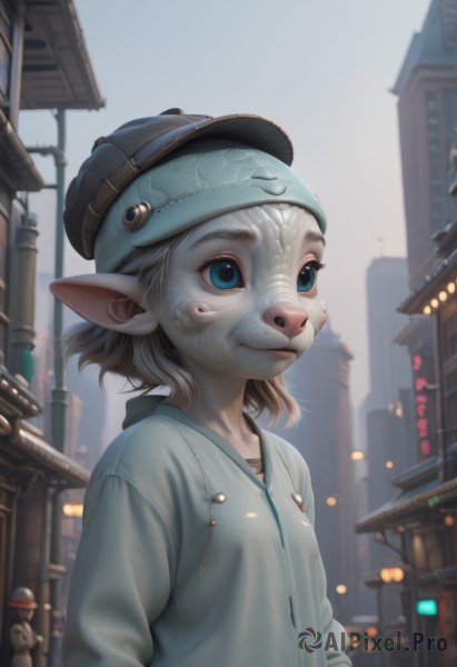 1girl,solo,smile,short hair,blue eyes,blonde hair,hat,closed mouth,upper body,outdoors,day,pointy ears,artist name,hood,blurry,hoodie,depth of field,blurry background,animal,hood down,building,child,furry,blue headwear,city,realistic,hands in pockets,drawstring,female child,clothed animal,lalafell,jacket,solo focus,mask,freckles