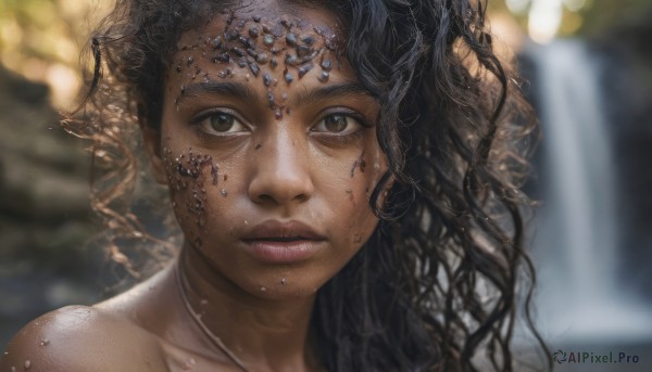 1girl,solo,long hair,looking at viewer,black hair,brown eyes,jewelry,closed mouth,parted lips,dark skin,necklace,blurry,dark-skinned female,lips,depth of field,blurry background,wavy hair,messy hair,portrait,close-up,freckles,curly hair,realistic,nose,very dark skin,bare shoulders,artist name