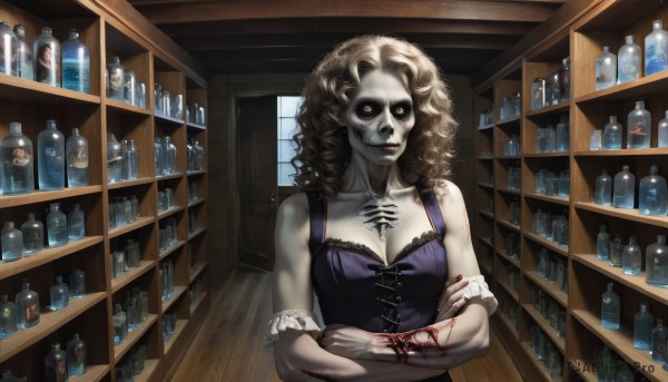 1girl,solo,long hair,breasts,looking at viewer,blonde hair,large breasts,cleavage,bare shoulders,medium breasts,collarbone,yellow eyes,indoors,nail polish,lips,fingernails,blood,tattoo,glowing,crossed arms,bottle,pale skin,glowing eyes,corset,alcohol,colored sclera,long fingernails,curly hair,skull,black sclera,vampire,stitches,shelf,blood on hands,horror (theme),bar (place),brown hair,red eyes,jewelry,necklace,orange eyes,heterochromia,cross