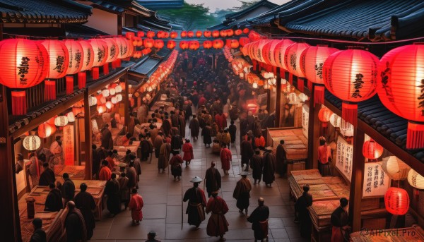 multiple girls,standing,outdoors,japanese clothes,multiple boys,sky,kimono,night,6+girls,building,night sky,scenery,6+boys,lantern,architecture,east asian architecture,paper lantern,crowd,shrine,banner,festival,people,hat,day,cloud,tree,child,hakama,hakama skirt,walking,road,street,statue,pavement