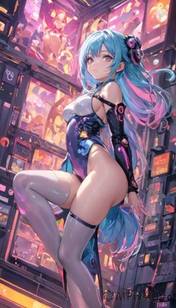 1girl,solo,long hair,breasts,looking at viewer,bangs,blue eyes,multiple girls,hair ornament,thighhighs,gloves,long sleeves,bare shoulders,medium breasts,very long hair,closed mouth,blue hair,standing,pink hair,ass,ahoge,thighs,multicolored hair,detached sleeves,solo focus,black gloves,elbow gloves,shiny,from side,two-tone hair,white thighhighs,leotard,legs,aqua hair,sideboob,covered navel,skindentation,headgear,highleg,leg up,standing on one leg,highleg leotard,shiny clothes,colored inner hair,blue leotard,dress,nail polish,aqua eyes,feet out of frame,cyberpunk,bare hips