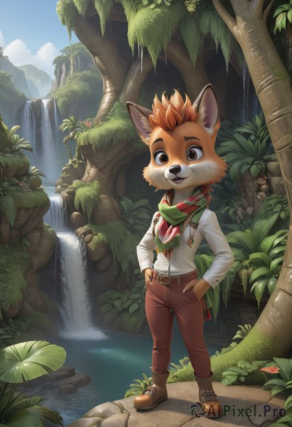 solo,looking at viewer,smile,brown hair,shirt,long sleeves,1boy,animal ears,brown eyes,standing,tail,full body,white shirt,male focus,boots,outdoors,sky,day,belt,pants,water,scarf,orange hair,tree,leaf,brown footwear,grass,plant,nature,furry,hands on hips,hands in pockets,furry male,brown pants,waterfall,snout,brown fur,green scarf,open mouth,flower,:d,shoes,teeth,cloud,blue sky,neckerchief,orange eyes,fox ears,suspenders,freckles,red scarf,bandana,fantasy