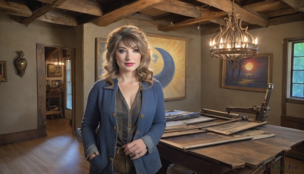 1girl,solo,long hair,breasts,looking at viewer,smile,blue eyes,blonde hair,brown hair,shirt,long sleeves,cleavage,jewelry,medium breasts,standing,collarbone,jacket,earrings,open clothes,indoors,lips,book,window,makeup,night,buttons,wavy hair,chair,moon,table,ring,denim,blue jacket,hand in pocket,wooden floor,realistic,unbuttoned,lamp,photo (object),blue coat,picture frame,painting (object),picture (object),denim jacket,belt,necklace,desk,paper,candle