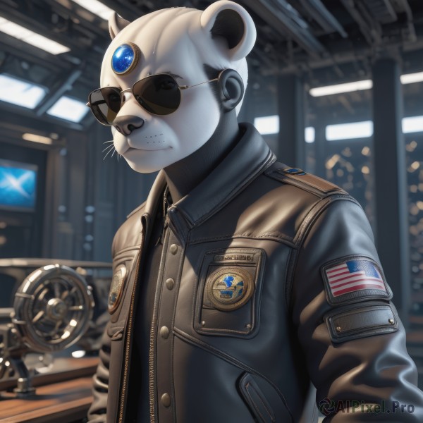 solo,1boy,animal ears,closed mouth,standing,jacket,upper body,male focus,artist name,indoors,blurry,black jacket,blurry background,sunglasses,gem,furry,zipper,pocket,brown jacket,realistic,furry male,bald,leather,forehead jewel,badge,leather jacket,american flag,patch,aviator sunglasses,looking at viewer,shirt,long sleeves,open clothes,open jacket,black shirt,bomber jacket