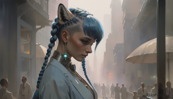 1girl,long hair,breasts,bangs,blue eyes,shirt,bow,animal ears,jewelry,closed mouth,blue hair,jacket,upper body,braid,earrings,outdoors,multiple boys,solo focus,cat ears,dark skin,bowtie,twin braids,collar,from side,dark-skinned female,lips,profile,makeup,umbrella,looking away,formal,suit,building,extra ears,6+boys,city,nose,crowd,people,multiple girls,holding,necktie,collared shirt,necklace,looking down,piercing,ear piercing,eyeshadow,rain,holding umbrella