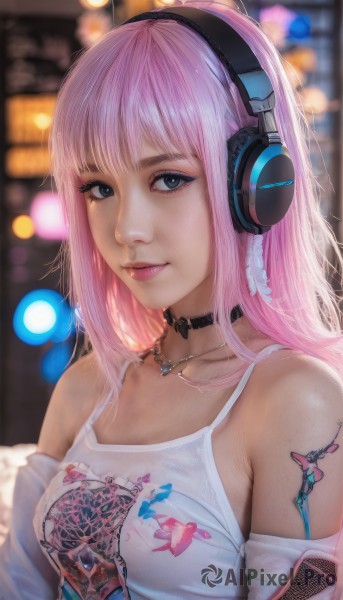 1girl,solo,long hair,breasts,looking at viewer,smile,bangs,blue eyes,shirt,bare shoulders,jewelry,medium breasts,closed mouth,collarbone,jacket,white shirt,upper body,pink hair,detached sleeves,choker,artist name,necklace,off shoulder,mole,blurry,black eyes,lips,grey eyes,eyelashes,tattoo,makeup,depth of field,blurry background,headphones,black choker,tank top,eyeshadow,freckles,pink lips,realistic,nose,arm tattoo,mascara,neck tattoo,see-through,animal print,camisole,pendant,bokeh,fish print