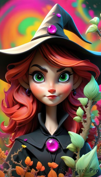 1girl,solo,long hair,looking at viewer,blush,smile,hat,jewelry,closed mouth,green eyes,upper body,red hair,earrings,artist name,lips,eyelashes,black headwear,makeup,witch hat,leaf,watermark,thick eyebrows,plant,lipstick,brooch,gem,web address,freckles,nose,witch,flower