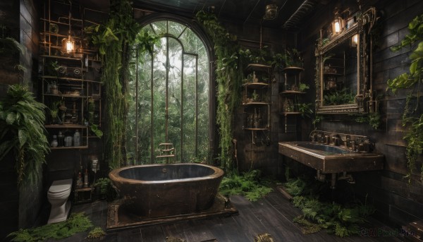 day,indoors,tree,no humans,window,chair,table,sunlight,bottle,plant,nature,scenery,forest,light rays,wooden floor,mirror,door,bookshelf,potted plant,lamp,candle,sunbeam,ruins,vines,stool,shelf,sink,moss,overgrown,lantern,stairs,fantasy,barrel,candlestand,wooden wall,chandelier