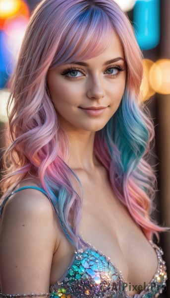 1girl,solo,long hair,breasts,looking at viewer,smile,bangs,blue eyes,large breasts,cleavage,bare shoulders,medium breasts,closed mouth,underwear,blue hair,collarbone,upper body,pink hair,multicolored hair,artist name,bra,mole,blurry,two-tone hair,lips,eyelashes,gradient hair,makeup,depth of field,blurry background,swept bangs,watermark,wavy hair,strap slip,freckles,realistic,nose,swimsuit,purple hair,bikini,light smile,web address,mole on breast,bokeh,mascara