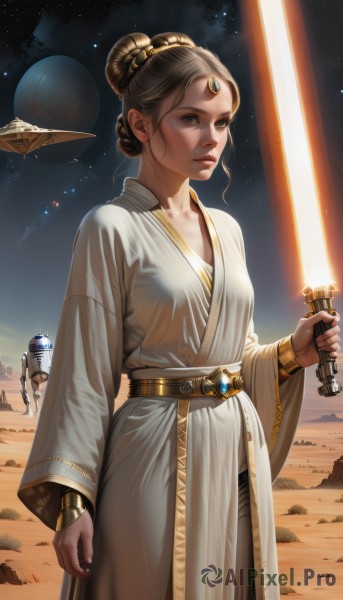 1girl,breasts,looking at viewer,brown hair,dress,holding,brown eyes,jewelry,standing,weapon,sky,solo focus,belt,sword,signature,wide sleeves,hair bun,holding weapon,white dress,lips,holding sword,single hair bun,robot,gem,star (sky),starry sky,science fiction,robe,circlet,realistic,nose,space,forehead jewel,planet,earth (planet),energy sword,spacecraft,white robe,desert,lightsaber,long sleeves,1boy,small breasts,helmet,sand,spacesuit