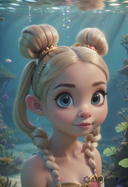 1girl,solo,long hair,breasts,looking at viewer,smile,blue eyes,blonde hair,hair ornament,bare shoulders,twintails,jewelry,closed mouth,collarbone,upper body,braid,earrings,small breasts,artist name,water,hair bun,twin braids,flat chest,lips,eyelashes,double bun,sunlight,child,hair over shoulder,freckles,fish,bubble,light rays,underwater,nose,hair tie,female child,air bubble,mascara,coral,dress,parted lips,thick eyebrows,seaweed