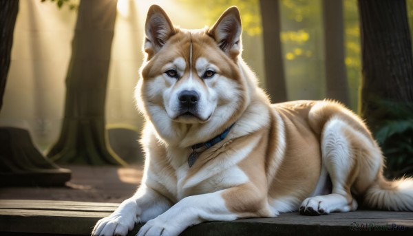 HQ,solo,looking at viewer,brown eyes,outdoors,lying,day,blurry,collar,tree,no humans,blurry background,animal,on stomach,nature,forest,dog,realistic,animal focus,jewelry,full body,necklace,depth of field