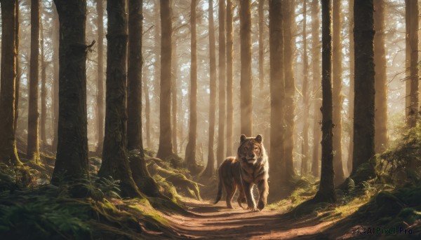 outdoors,day,tree,no humans,animal,sunlight,grass,plant,nature,scenery,forest,dog,light rays,path,bug,realistic,bear