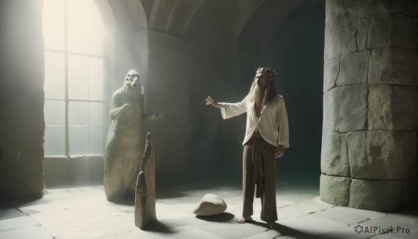 solo,long hair,brown hair,shirt,long sleeves,1boy,standing,white shirt,male focus,barefoot,pants,indoors,window,shadow,black pants,sunlight,outstretched arm,robe,pillar,statue,1other,monster,ghost,ruins