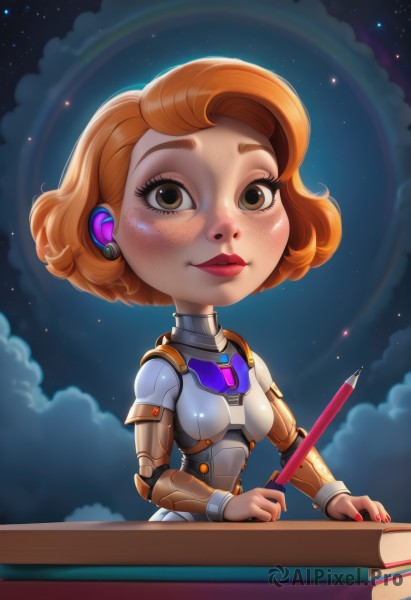 1girl,solo,breasts,looking at viewer,blush,smile,short hair,brown hair,holding,brown eyes,small breasts,sky,cloud,nail polish,orange hair,armor,lips,book,bodysuit,blood,makeup,night,lipstick,star (sky),night sky,starry sky,freckles,breastplate,nose,android,joints,pencil,cyborg,robot joints,jewelry,upper body,earrings,artist name,red nails,pen