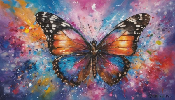 solo, wings, no humans, animal, traditional media, bug, butterfly, painting (medium), watercolor (medium), multicolored background, butterfly wings, colorful, abstract, acrylic paint (medium)